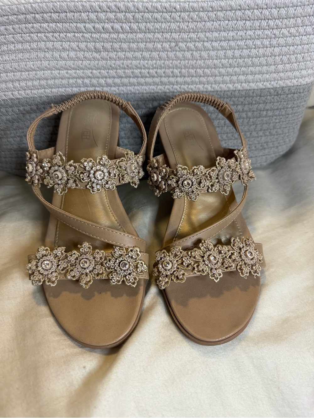 Embellished Floral Strappy Sandals in Taupe